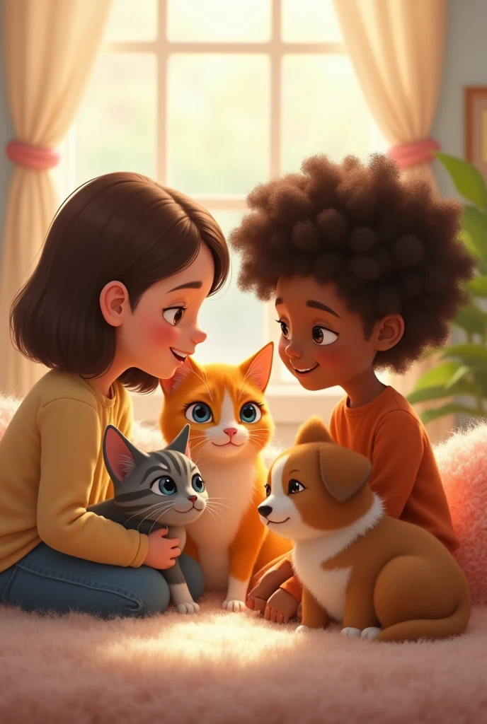 An adult girl with white skin and short brown hair and a sweet dark-skinned boy with dark brown hair and a kitten with gray stripes and a yellow cat and a fluffy dog with brown spots