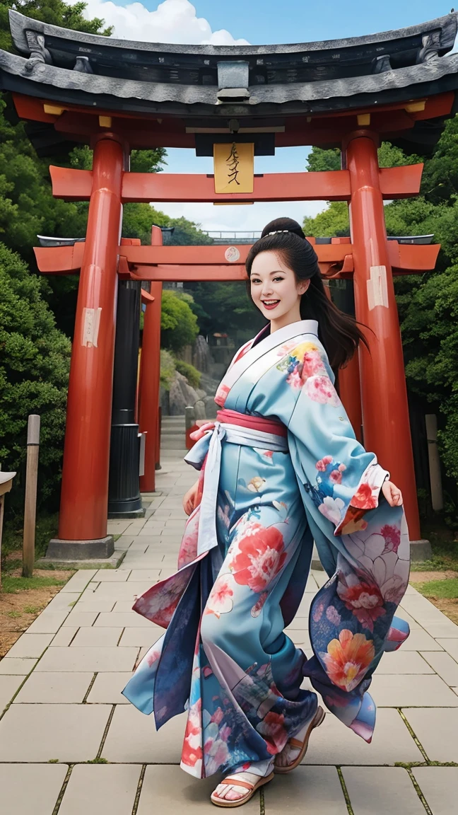 (SeaArt、I create amazing digital illustrations of beautiful women in kimonos)、Beautiful woman smiling and showing her upper white teeth、Vividly colored Ukiyo-e style illustrations、Brown-black long hair、Beautiful full body style、If you want to dance, Dance to the Tokyo Ondo, Good good、Beautiful new digital paintings,、 Bright and vibrant digital anime art、Beautiful anime portraits、Background、Torii gate of a Japanese shrine.、Detailed digital anime art、