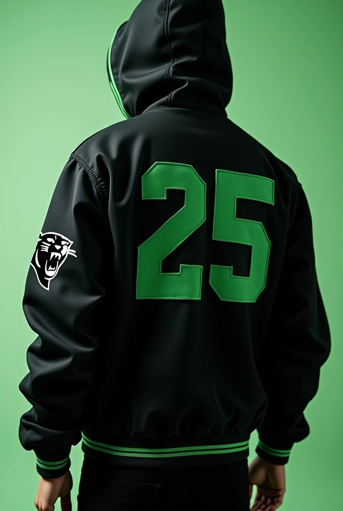 Varsity jacket with black colors and very small touches of green for a school with the number 25 on the left arm and with a small panther somewhere on the sleeve, that the sleeves are also black