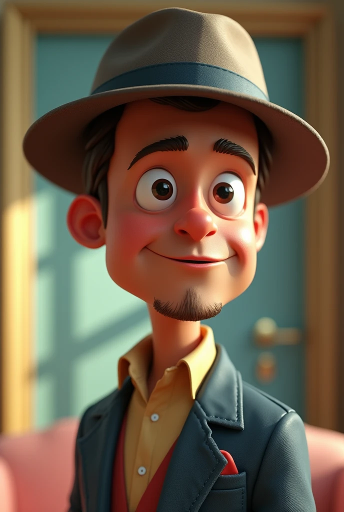brad pitt portrait, suite, medium shot, digital model, playful character design style, hard surface modeling, tiago hoisel, with hat, round face, looking sideways, cartoon characters, delicate materials, bright colors