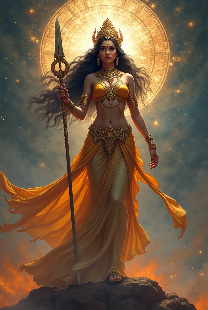 Indian female god with big roster.with one hand trident .one hand with sword