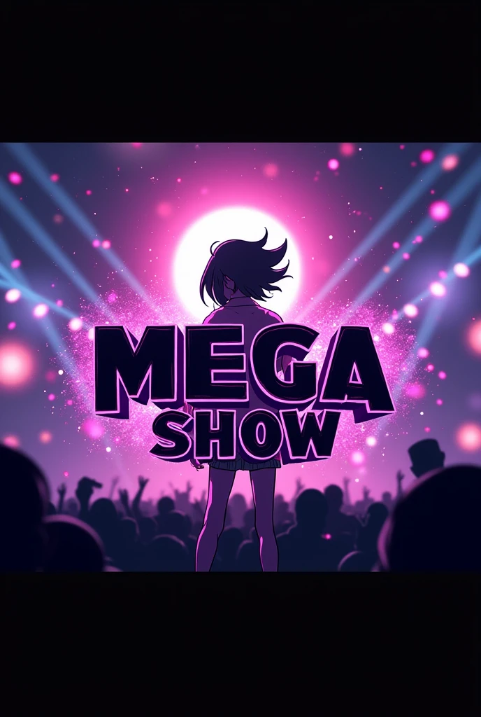 Por favor, make a logo that can be used as a profile picture on YouTube with a mega show background image and Black Purple written in the middle of the image, Anime-looking.
