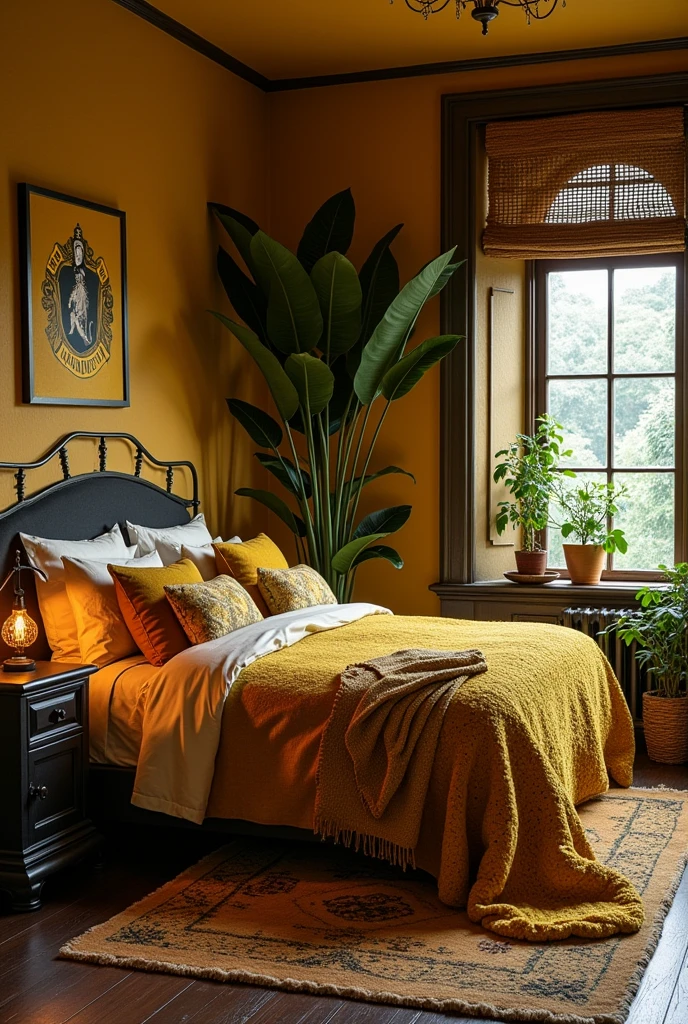 A Hufflepuff themed bedroom with a large, cozy bed.