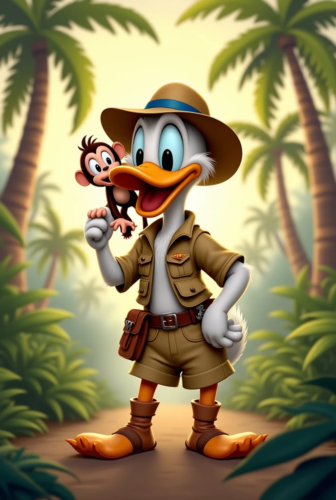 Donald duck in safari outfit holding a monkey