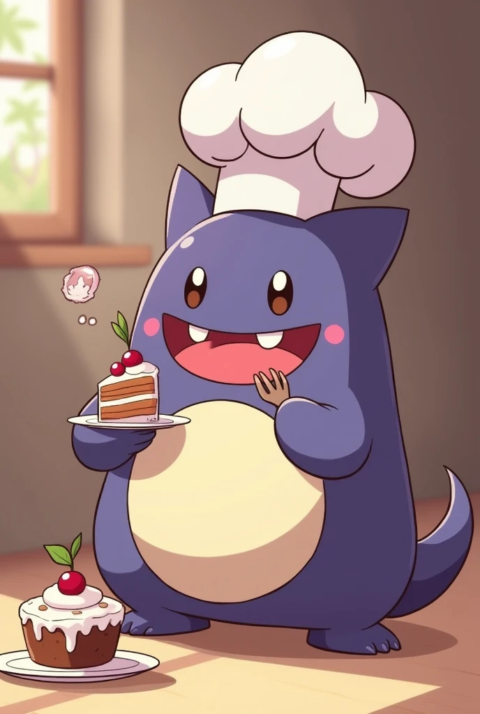 Super cute animated gengar character with chef hat and cute eyes eating a delicious cake and tongue out, with round bottom