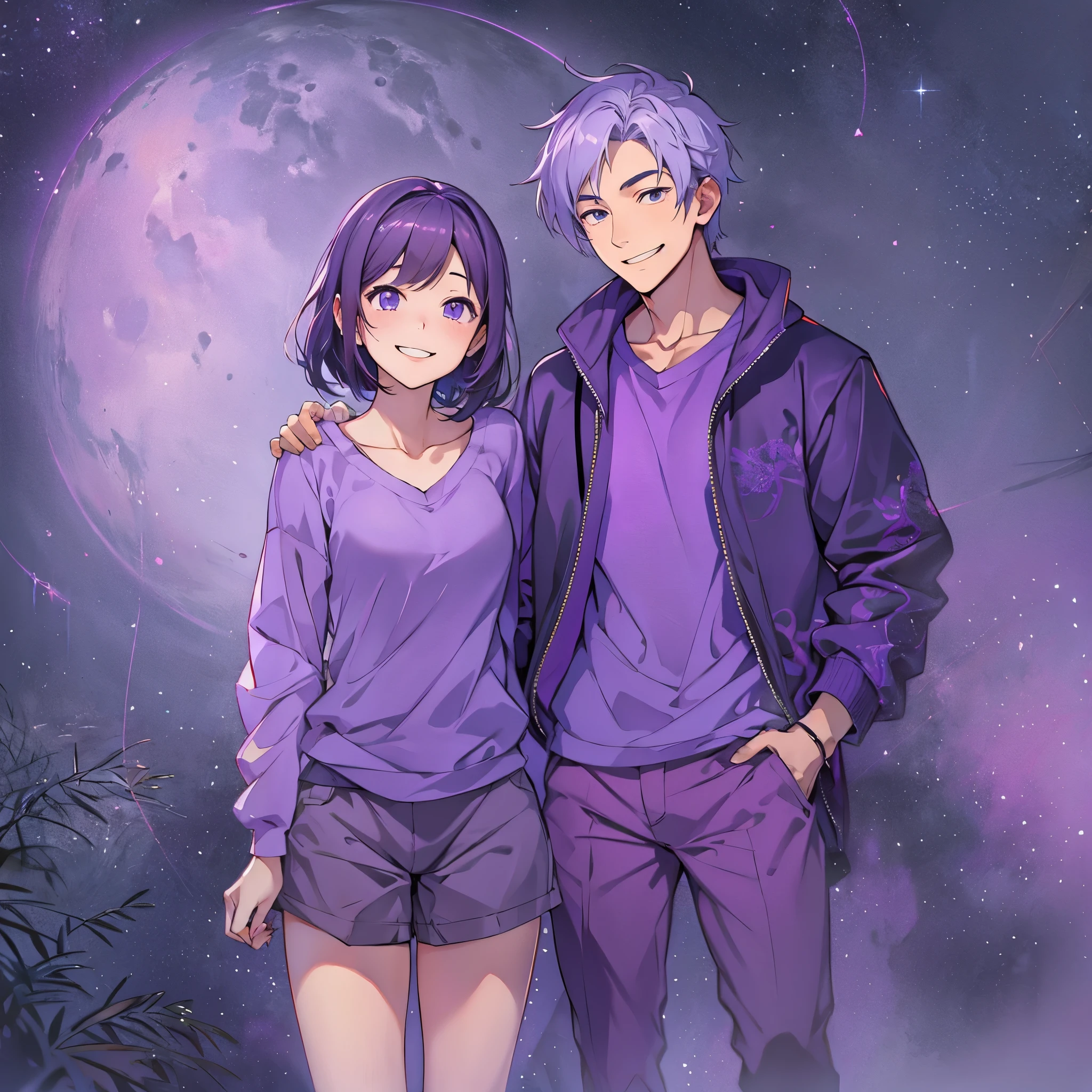 Imagine a MBTI logician、A man and a woman in purple casual clothes smiling kindly。Create a mysterious atmosphere。