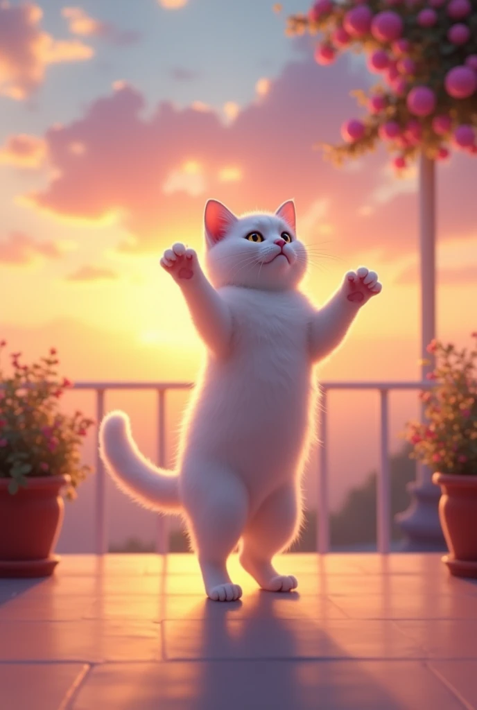 A white cat is dance at terrace with sunset background 