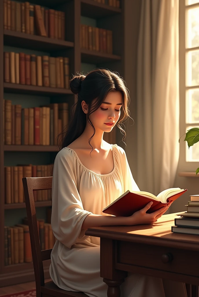 Sitting a girl in study room with reading books and write name of shumaila