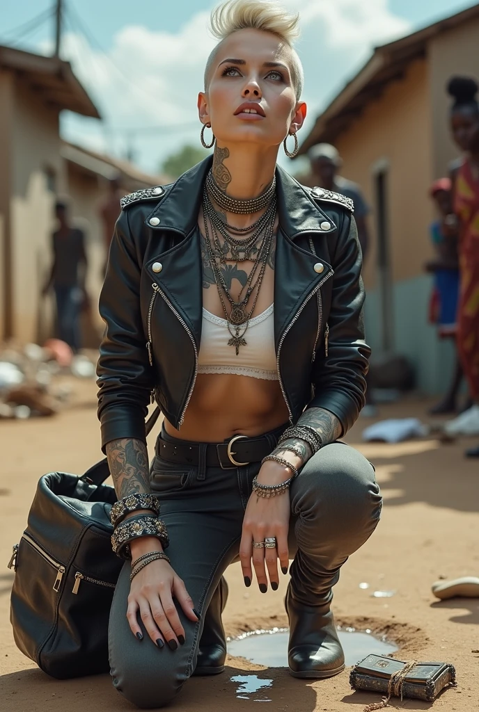 russian milf woman, grey  hair (high pompadour, top bun, shaved sides), colourful bandana as headband, with very light blue eyes, extremely pale skin. All neck tattooed. Hands and forearms all tattooed.vTighs all tattoed. Wearing cropped aged black moto jacket with lots of zippers and pins, flipped up collar. skinny dark low rise blue jeans. White push up bikini. Dirty White tennis sneakers. Chain around hips like belts. Dirty knees, dirty feet and muddy hands. Wide studded belt. Squatting on a puddle with hands on her hips, looking up, chin up, stretching her neck , humble facial expression.  Black nail polish. studded black leather tote bag with chain on the floor, next to her.. Listening looking up in amazement to somebody speaking to her from the sky, upper teeth visible. Well toned abdominals, thin neck, slim legs and thin arms. Narrow hips Cleavage, stomach, neck, tigh and hands completely covered with tattoos. Dirt street in Kenyan village full of waste. Lots of silver bracelets, silver pendants and collars around all the beck. A lot of tanned fat women  in traditional dresses around looking at her. next to her, all her belongings scattered on the floor: tobacco packs, makeup kit, little makeup mirror, studded black leather tote bag, lipstick, wallet, moble etc on the floor, point of view; from above