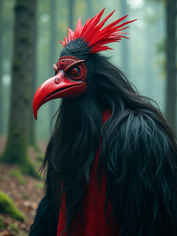 Japanese mythology,Making a Tengu, Red Mask, Long Nose, Feather Hat, 8k, Surrealism, Cinematic,Red Maskと帽子をかぶった、Long bearded man, Villain wearing a red devil mask, Samurai wearing a demon mask, samurai portrait photo, demon samurai, Devil Samurai Warrior, Portrait of the samurai on the front, samurai portrait, demon samurai mask, in the woods