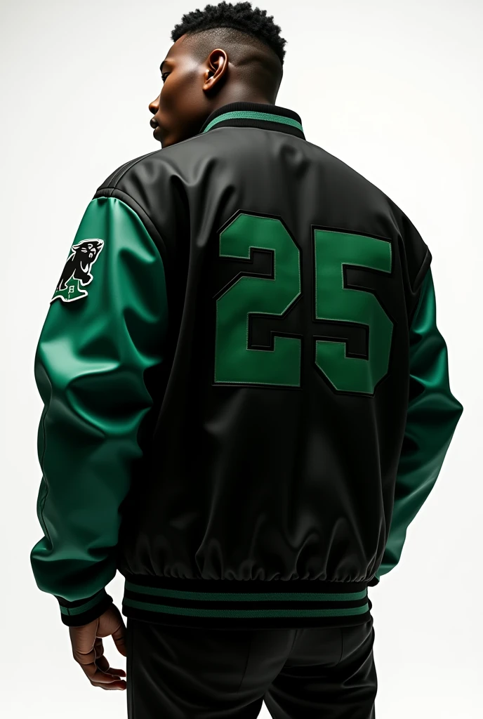 Varsity jacket with black colors and very small touches of green for a school with the number 25 on the left arm and with a small panther somewhere on the sleeve, that the sleeves are also black