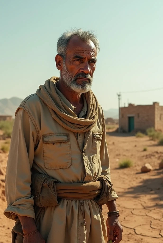 An image of Ahmed, the poor farmer, standing in front of his land, looking worried and pleading for help.