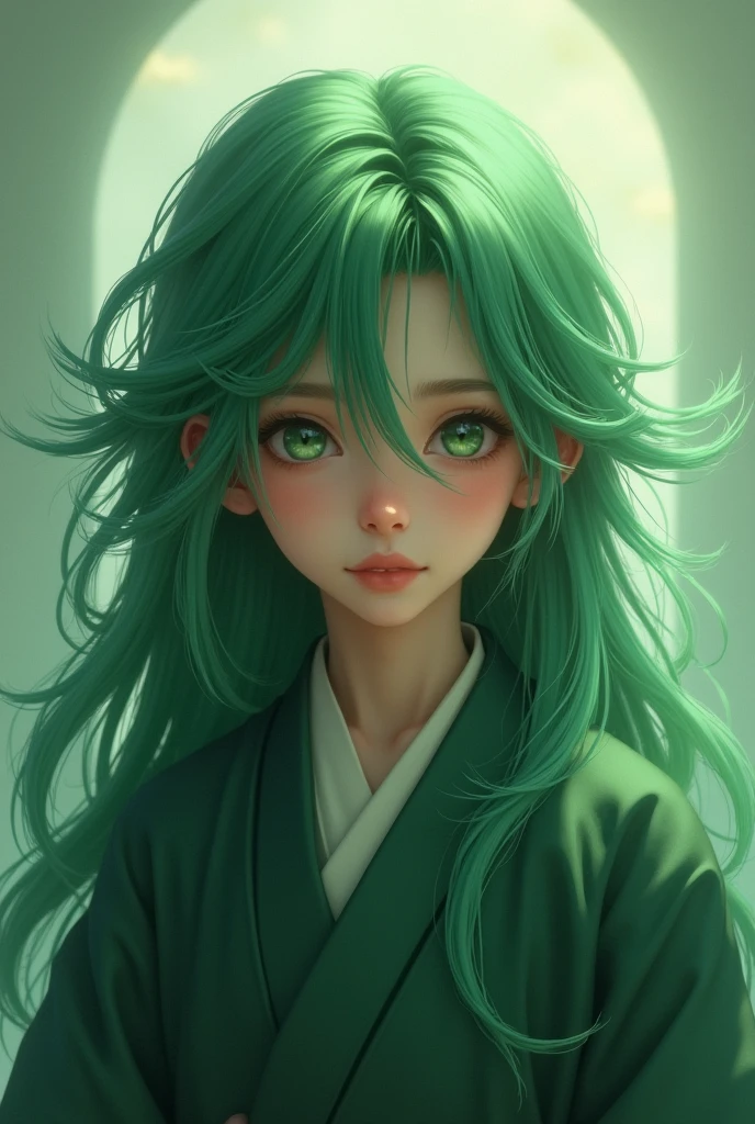 A boy with long green hair and his white and medium skin and his medium dark green kimono