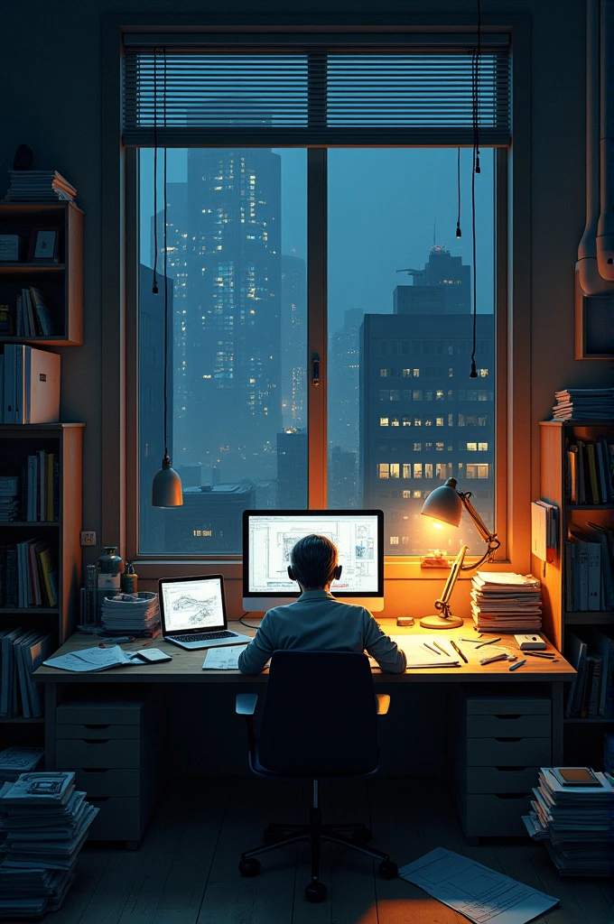 room of a busy architect at night