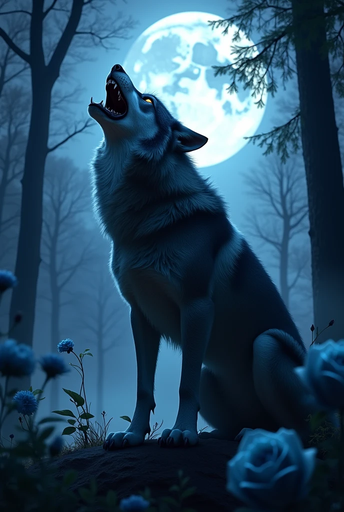 Wolf、Barking、moon、Night Forest、[Dark background and details] [Dark scene aesthetics] [Detail of blue roses looking like smoke in the background]
