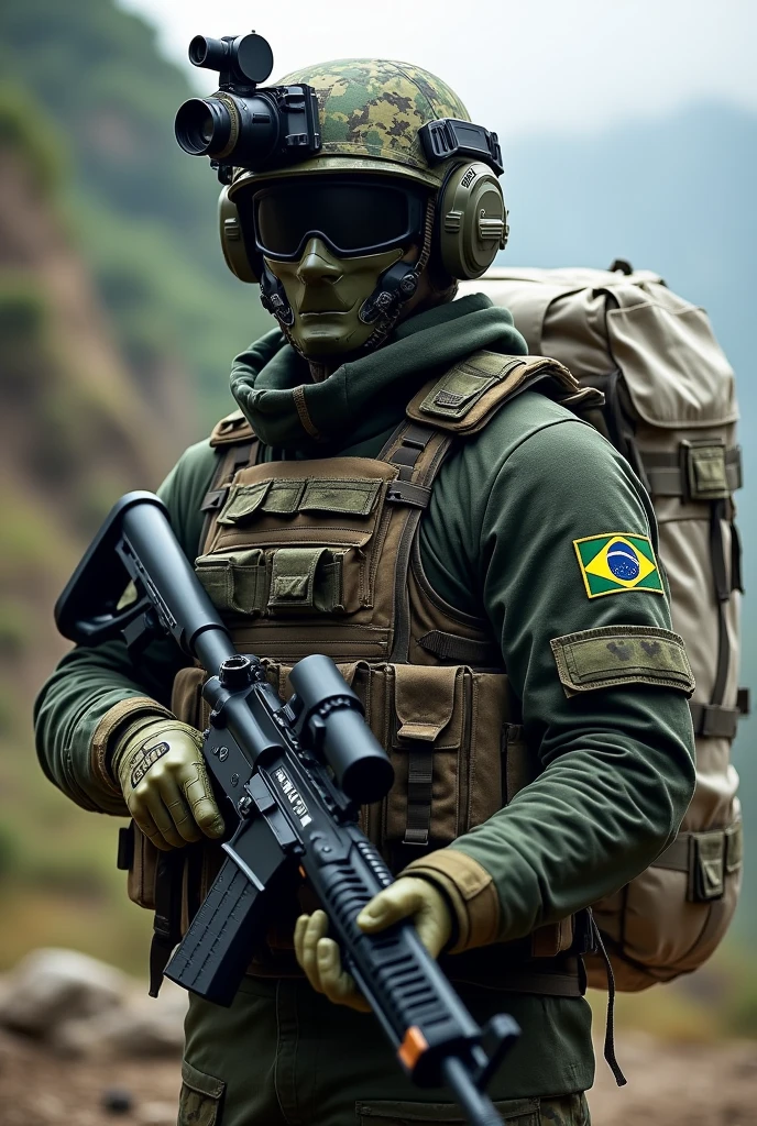Create a soldier with the MK14 weapon wearing a camouflage helmet and a large thermal camera attached to the helmet, wearing a black and green camouflage vest with the Brazilian flag and a large white backpack on his back