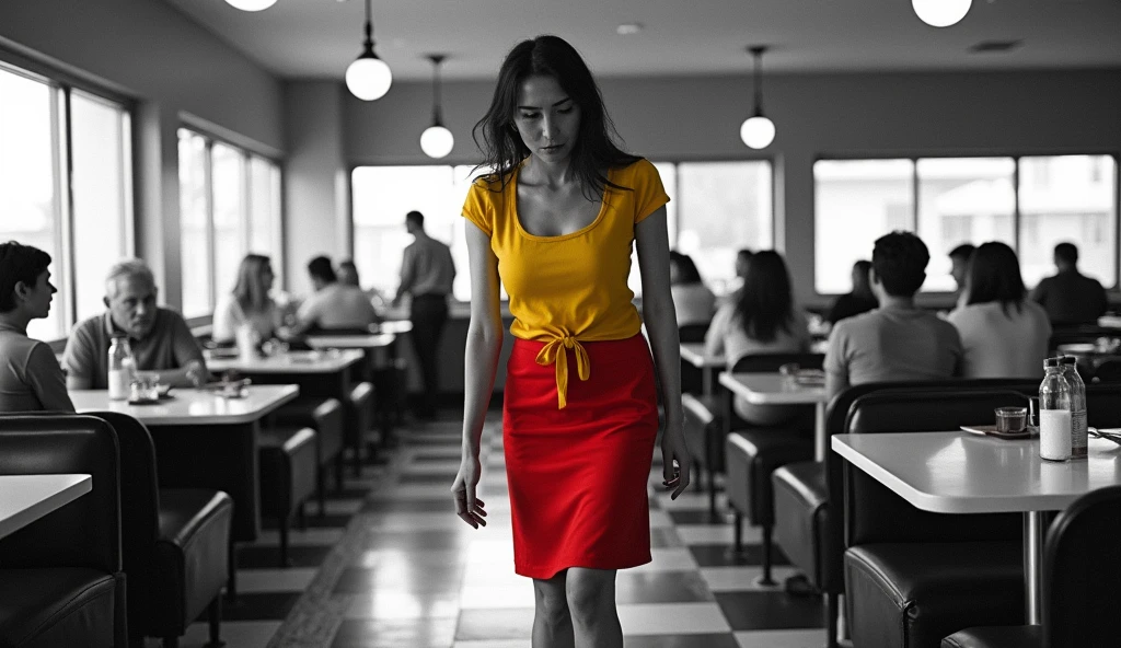 A distorted dramatic scene of a person working as a waitress in a diner, is exhausted, desperate, can't stand working in this underemployment anymore, customers sitting and having fun, the whole scene is black and white and the attendant is wearing colorful yellow and red clothes.