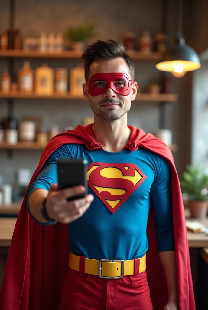 a small business owner using Ton's card machine. Dressed as a superhero to protect your business.