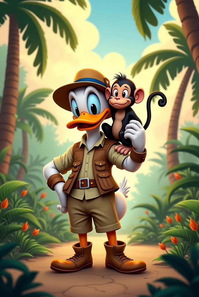 Donald duck in safari outfit holding a monkey
