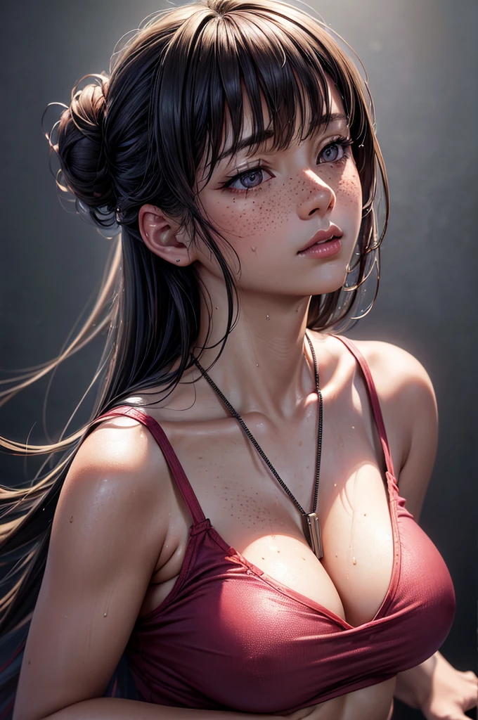 Kaori, Single model, solo, half Asian, half Latino, very long black hairin buns, freckles, blushing, wet eyes, long chain pendant, very large heavy breasts, chubby, belly, stretchmarks, fitted pink tank top (braless) small red lycra shots (best quality,4k,8k,highres,masterpiece:1.2),ultra-detailed,(realistic,photorealistic,photo-realistic:1.37),detailed portrait, cinematic lighting, natural skin texture, intricate details, dramatic colors, moody atmosphere, seductive pose