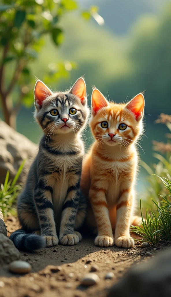 Two real cats born on a natural background
