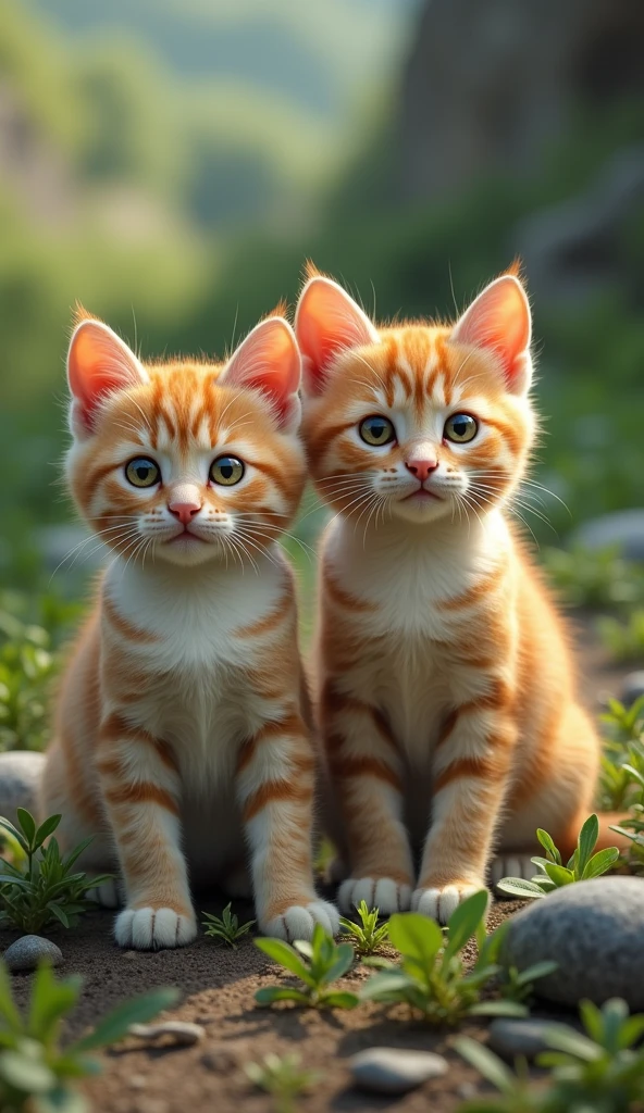 Two real cats born on a natural background