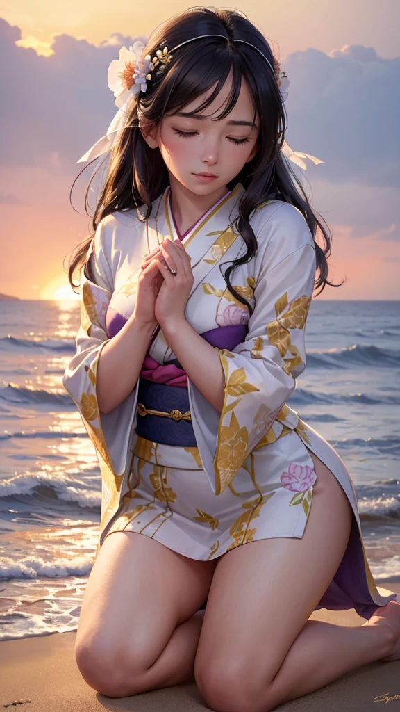 beautiful woman kneeling in prayer by the seaside, eyes closed, hands gently pressed together, wearing elegant traditional Japanese kimono in soft pastel colors with intricate floral patterns, delicate obi sash, long dark hair in classic updo with ornate hairpins, tranquil beach with gentle waves, warm orange and purple sky, seagulls gliding, subtle golden particles shimmering around her, (best quality,4k,8k,highres,masterpiece:1.2),ultra-detailed,(realistic,photorealistic,photo-realistic:1.37),highly detailed portrait,dramatic lighting,cinematic composition,ethereal atmosphere,stunning natural beauty