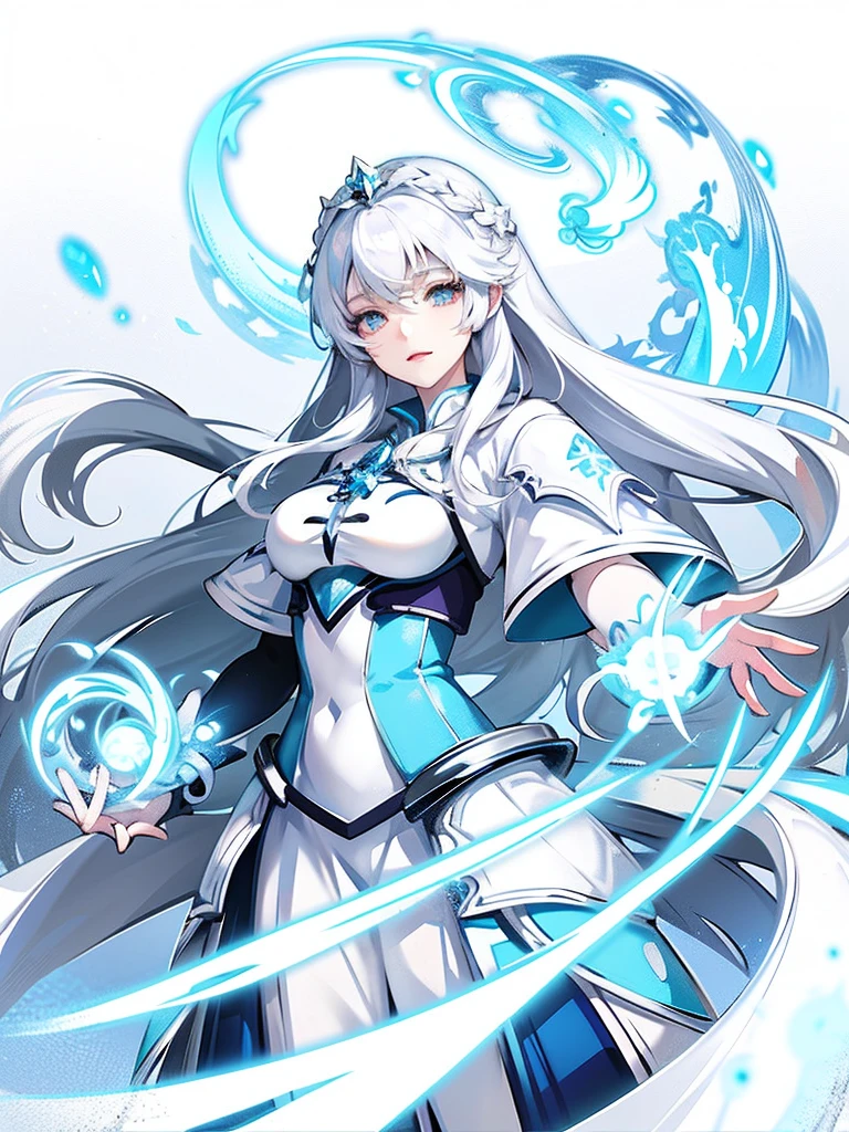 Anime girl with long white hair and blue skirt in the snow, White-haired God, White hair floating in the air, Anime Fantasy Illustration, Flowing white hair, beautiful youth, Beautiful fantasy anime, shiny and flowing hair, Ethereal animation, Beautiful anime artwork, Beautiful digital artwork, anime fantasy artwork, ((beautiful fantasy queen)), 2. 5 d cgi anime fantasy artwork