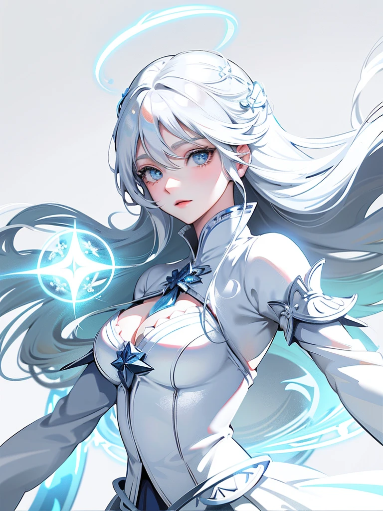 Anime girl with long white hair and blue skirt in the snow, White-haired God, White hair floating in the air, Anime Fantasy Illustration, Flowing white hair, beautiful youth, Beautiful fantasy anime, shiny and flowing hair, Ethereal animation, Beautiful anime artwork, Beautiful digital artwork, anime fantasy artwork, ((beautiful fantasy queen)), 2. 5 d cgi anime fantasy artwork