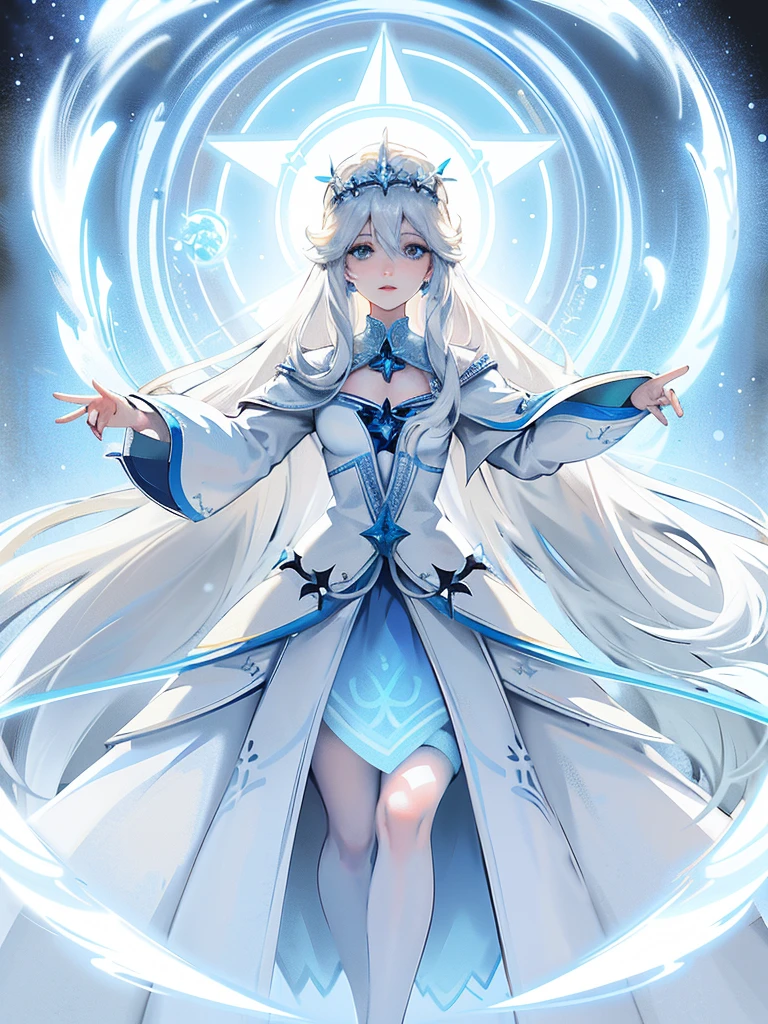 Anime girl with long white hair and blue skirt in the snow, White-haired God, White hair floating in the air, Anime Fantasy Illustration, Flowing white hair, beautiful youth, Beautiful fantasy anime, shiny and flowing hair, Ethereal animation, Beautiful anime artwork, Beautiful digital artwork, anime fantasy artwork, ((beautiful fantasy queen)), 2. 5 d cgi anime fantasy artwork