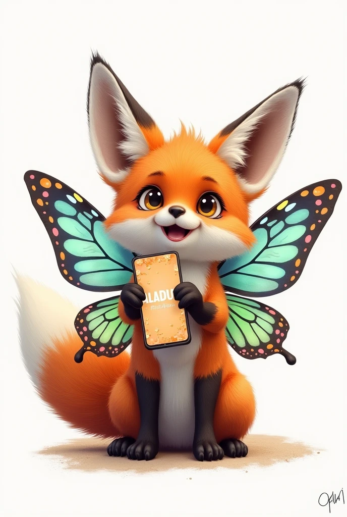 Fox with cute face and colorful butterfly wings, holding a cell phone with writing "aladus "in hand, com fundo branco