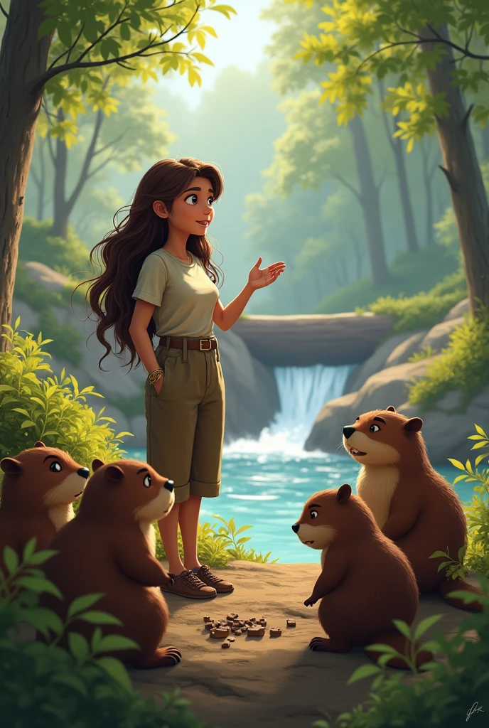 Lila talking to a group of beavers at the dam, explaining the situation and gesturing toward the river, with a collaborative atmosphere