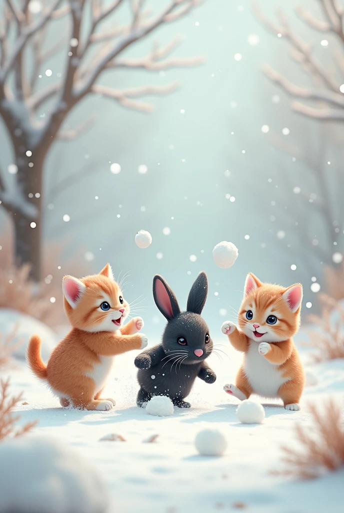 Snow Scene、snowball fight、Beautiful and adorable kittens、Cute black rabbit、Playing happily