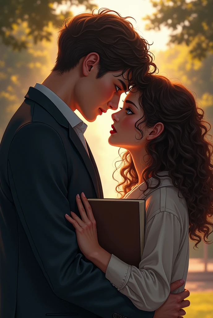 couple. Woman of , brown curly hair type 4c medium, Round face, full cheeks, eyes browns, in American college clothes, dainty, looking at him with an angry look, with books in your hands, and a tall man, stark, with a mischievous look, blue colored eyes, Medium Brown Hair, expert, 2, dark romance