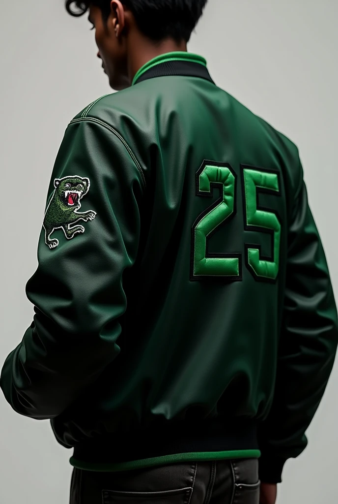 Varsity jacket with black colors and very small touches of green for a school with the number 25 on the left arm and with a small panther somewhere on the sleeve, that the sleeves are also black