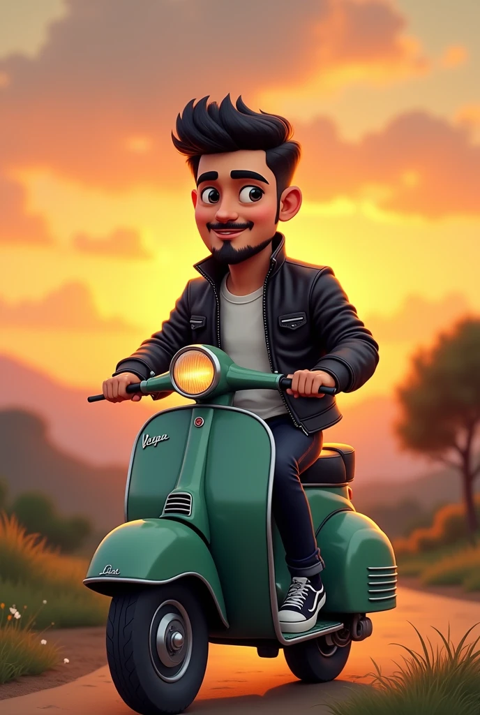 I want a picture of a cartoon-type boy on a classic dark green matte Vespa motorbike, the boy has a short black beard , thin black eyebrows, black eyes, short black hair, square face, the photo in a background landscape with a sunset, Biker photo type the guy with a leather jacket and a white t-shirt inside, The black leather jacket half open revealing the t-shirt, black jeans and vans style shoes. With a happy expression without showing teeth just a subtle smile, thin. He has black rings on both ring fingers of his hands..