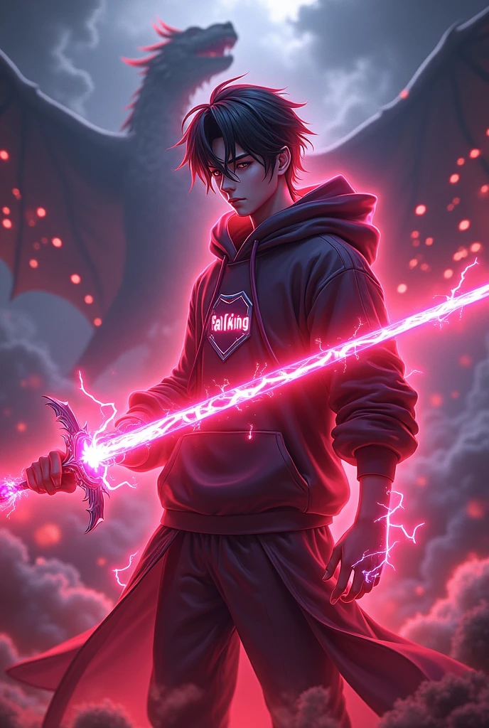3D PORTRAIT OF A LUMINOUS ANIME MALE EMITTING A RED LIGHTNING AURA AND HOLDING A RED PURPLE LIGHTNING AURA SWORD AND THERE ARE MANY DARK CLOUDS BEHIND HIM WITH A LUMINOUS LIGHTNING AURA AND FULL SCARY AND FULL HD AND USING A RED LIGHTNING AURA AND THERE IS AN ANGRY DRAGON BEHIND HIM AND THERE ARE DARK LIGHTNING CLOUDS AND THERE IS FALL KING WRITING ON HIS HOODIE