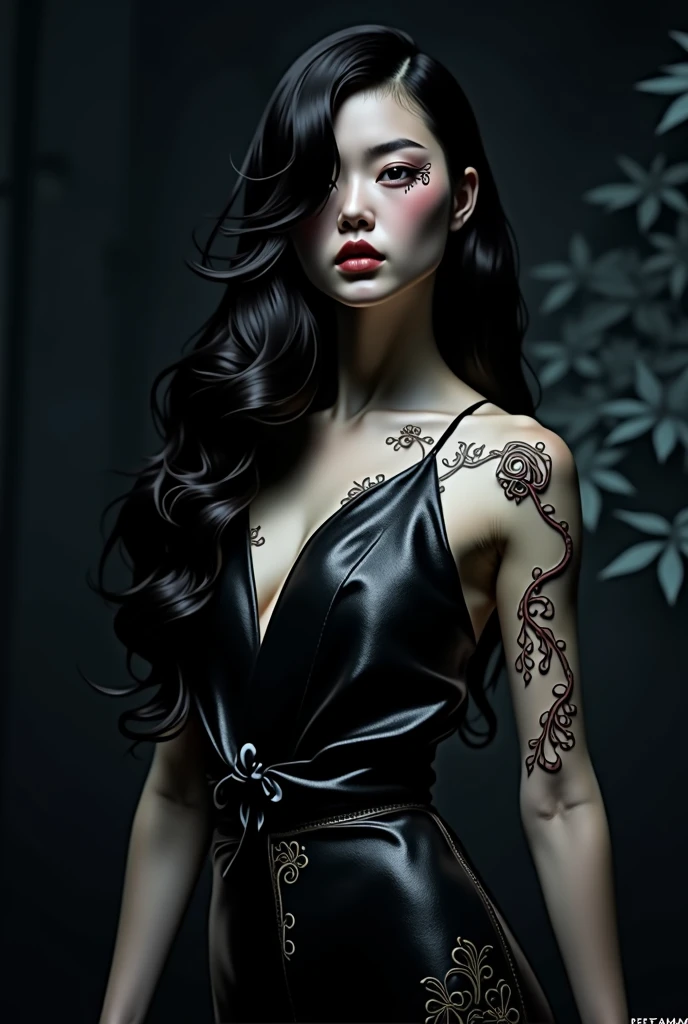 busty teenager, with straight black hair, fringe, dark style, nordic tattoos on arms, translucent black dress, attractive look, challenging,