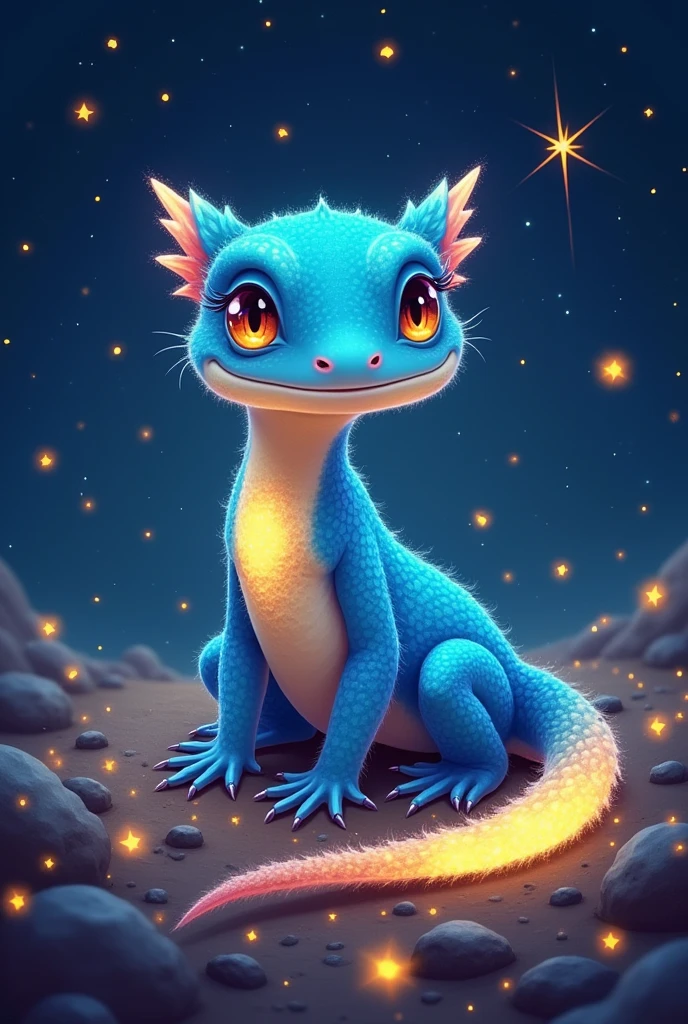 I would like a gecko with blue and yellow colors, featuring a natural and starry glow. It has a small smile on its face and is surrounded by several little stars. I would like it to be set against a starry background.I would like it to be in a mature style, with the art in a fantasy and RPG style set in the Old West.