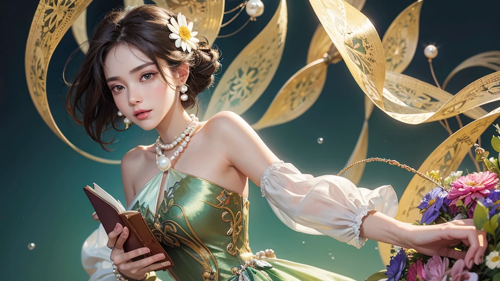 32K, 最高quality, 最高masterpiece, (ultra-Detailed Background, Detailed Background), High resolution, Super detailed, Very detailedな, 1 personの, (bouquet:1.3), (Tangled:1.2), (Geometric:1.2),(colorful),(masterpiece, quality, best quality, Official Art, Beautiful and beautiful:1.2), (1 person:1.3), Very detailed,(colorful:1.1)(Flowers:1.3),Most detailed,(Tangled:1.2), whole body, (Abstract background:1.3), (Skin glows), (Many colors:1.4), ,(Earrings Pearl:1.5), Light green background, It's imaginative., Brunette Hair, Updo, Holding a book, Holding a pen, Satin shirt
