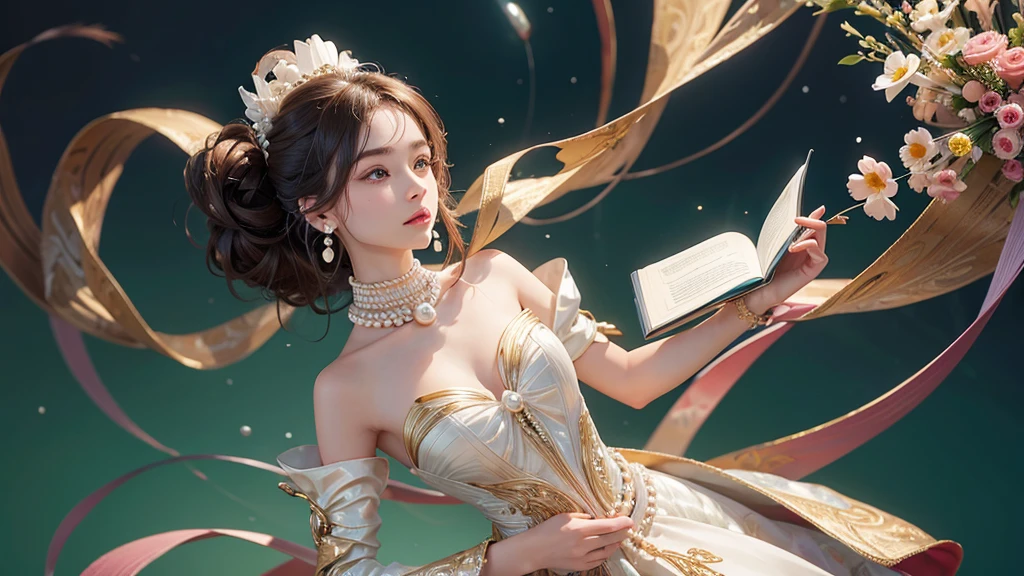 32K, 最高quality, 最高masterpiece, (ultra-Detailed Background, Detailed Background), High resolution, Super detailed, Very detailedな, 1 personの, (bouquet:1.3), (Tangled:1.2), (Geometric:1.2),(colorful),(masterpiece, quality, best quality, Official Art, Beautiful and beautiful:1.2), (1 person:1.3), Very detailed,(colorful:1.1)(Flowers:1.3),Most detailed,(Tangled:1.2), whole body, (Abstract background:1.3), (Skin glows), (Many colors:1.4), ,(Earrings Pearl:1.5), Light green background, It's imaginative., Brunette Hair, Updo, Holding a book, Holding a pen, Satin shirt
