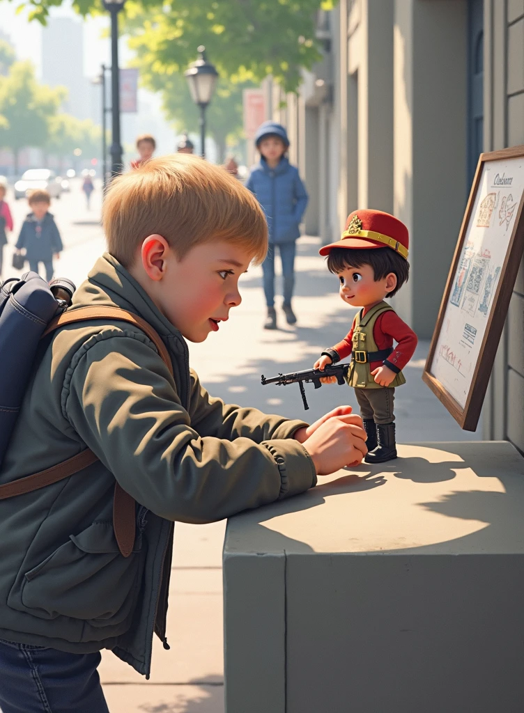 One playing with an animated stick soldier on the street