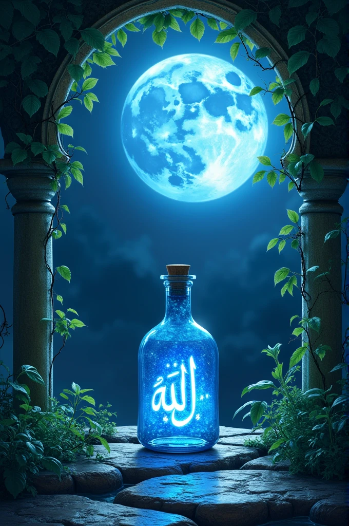 The words "AL SHAMS" in English, a bottle filled with the moonlight of a full blue moon and a garden full of Chanar trees