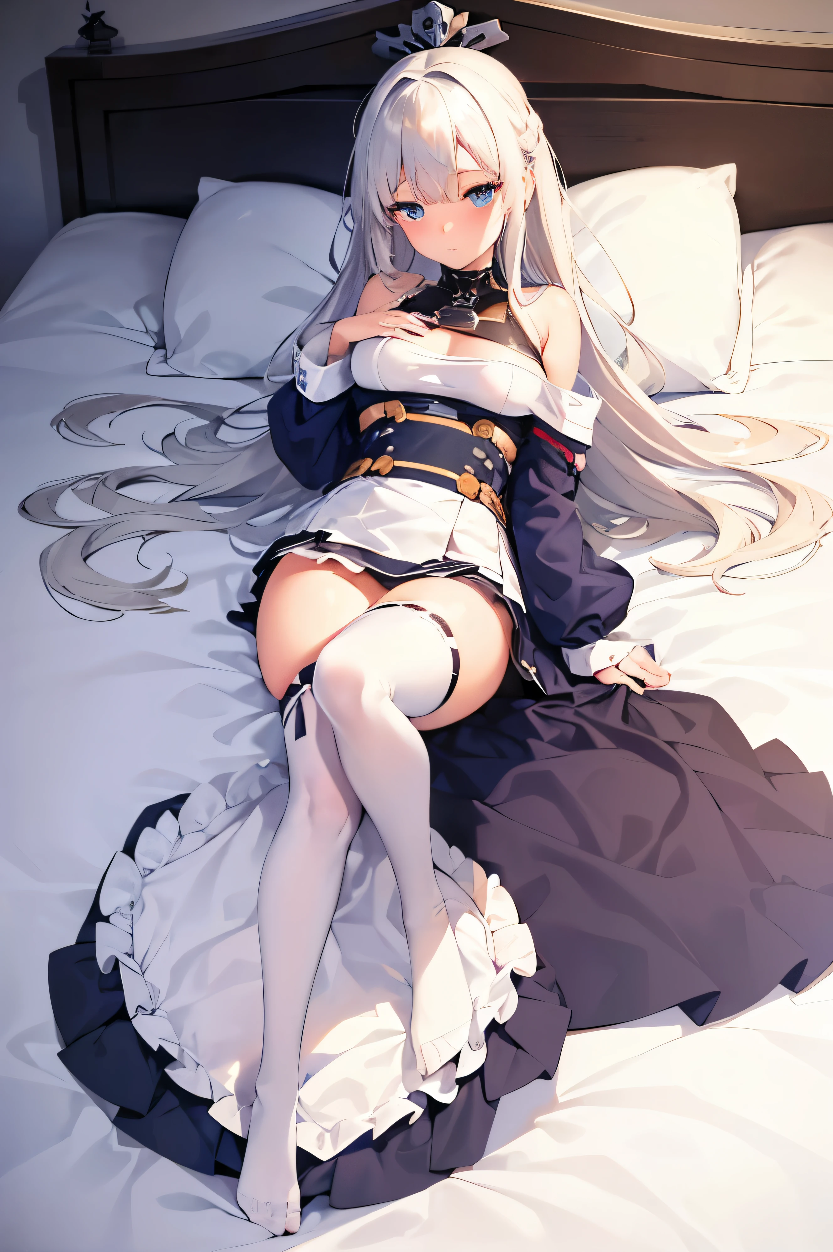 full body,on bed,bishoujo,azur lane,mecha girl,white_hair,blue_eyes,heavy breathing,lying on back,clothes_lift,off-shoulder sweater,blush,flat_chest,((masterpiece, sidelighting, finely detailed beautiful eyes: 1.2)),
