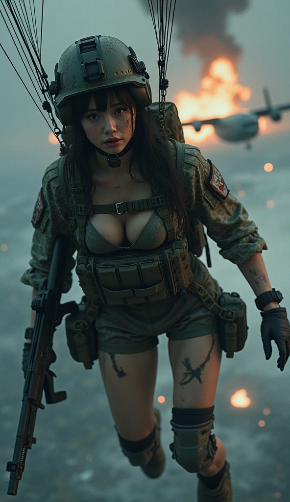 Photo-realistic, ultra-realistic, (extremely beautiful Japanese, famous Japanese idol:1.3), (Fully equipped for battle:1.5), large assault rifle on her back, (Experienced army paratroopers:1.5),(she is about to landing with parachute at Army skydiving mission at night:1.5), parachute is fully extended, (painful impressions, crying:1.3), (wearing an army paratrooper's Camouflage outfits with military helmet:1.5), very large breasts, (tactical vest, military harness:1.3), (military long boots:1), (amazing aerial view of a military cargo plane hit by a missile and crashes:1.5), acrobatic pose, dynamic angle, spectacular, (injured:1.3), (muddied, damaged wears, damaged body:1.3),