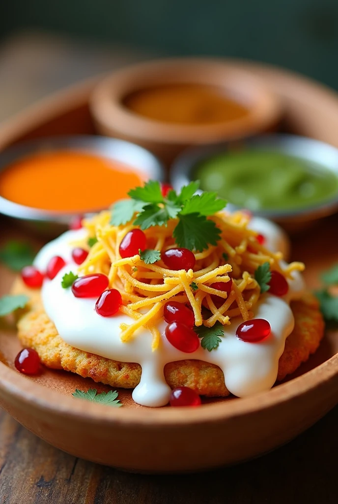 A part of a buffet set up which is a make your own Indian chat counter, main base component as a Vada, kachori or papadi served with sweet yogurt topped with 2 types of chutney and garnishes like sev, pomegranate and coriander