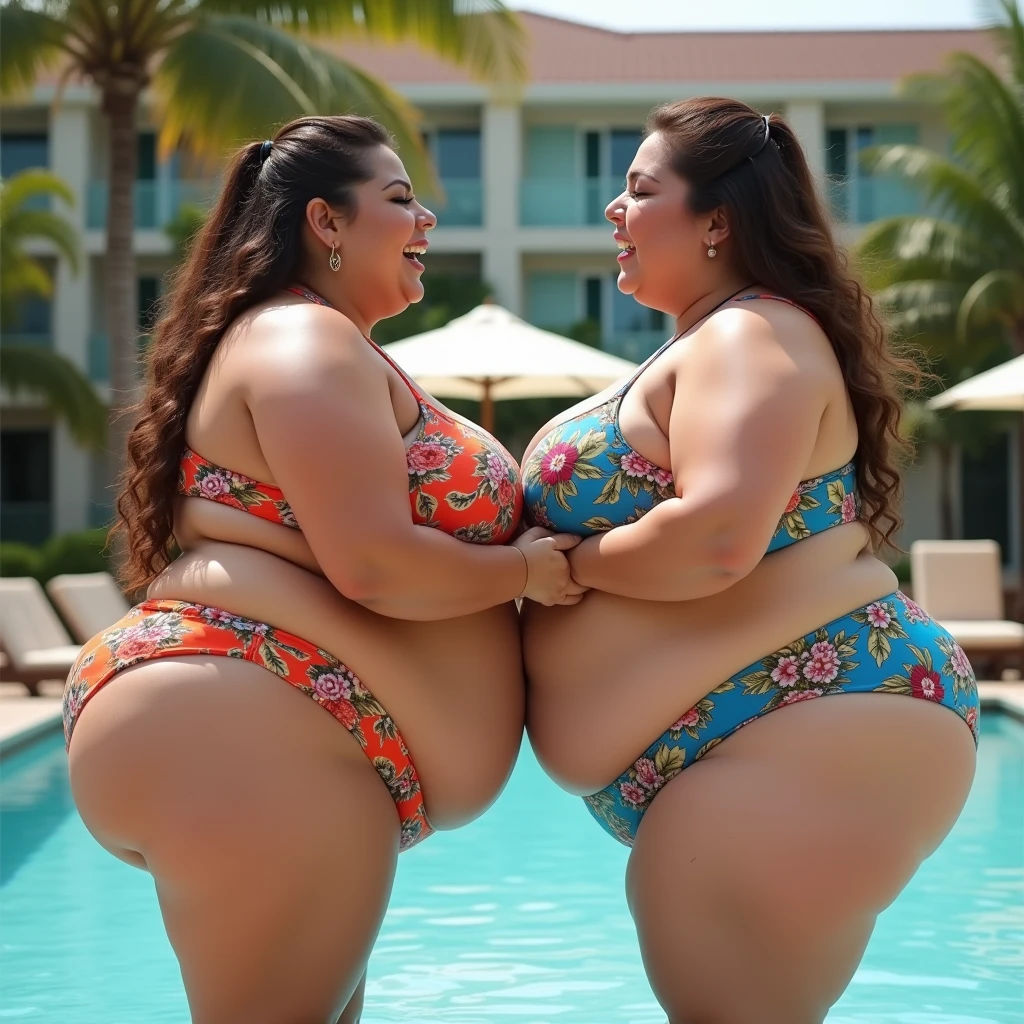 Two plus size model women are obese and fat, 200kg, with a lot of fat on their stomachs and buttocks, they have gained weight by eating too much, they are obese brown haired American plus size models with very big buttocks, their buttocks are big and bulging and covered with a lot of fat, they are American sumo wrestlers wearing colorful bikinis and smiling and facing forward, slamming their buttocks against each other violently at the poolside of a resort hotel, 4K quality