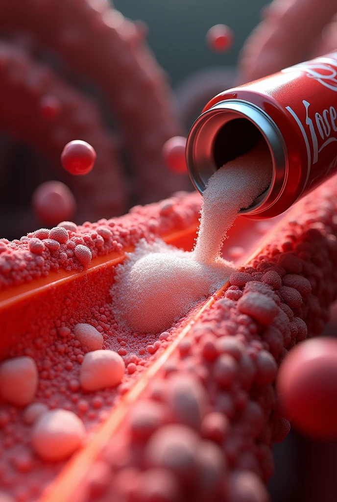 "An animation of sugar entering the blood, with a Coca-Cola can being poured.