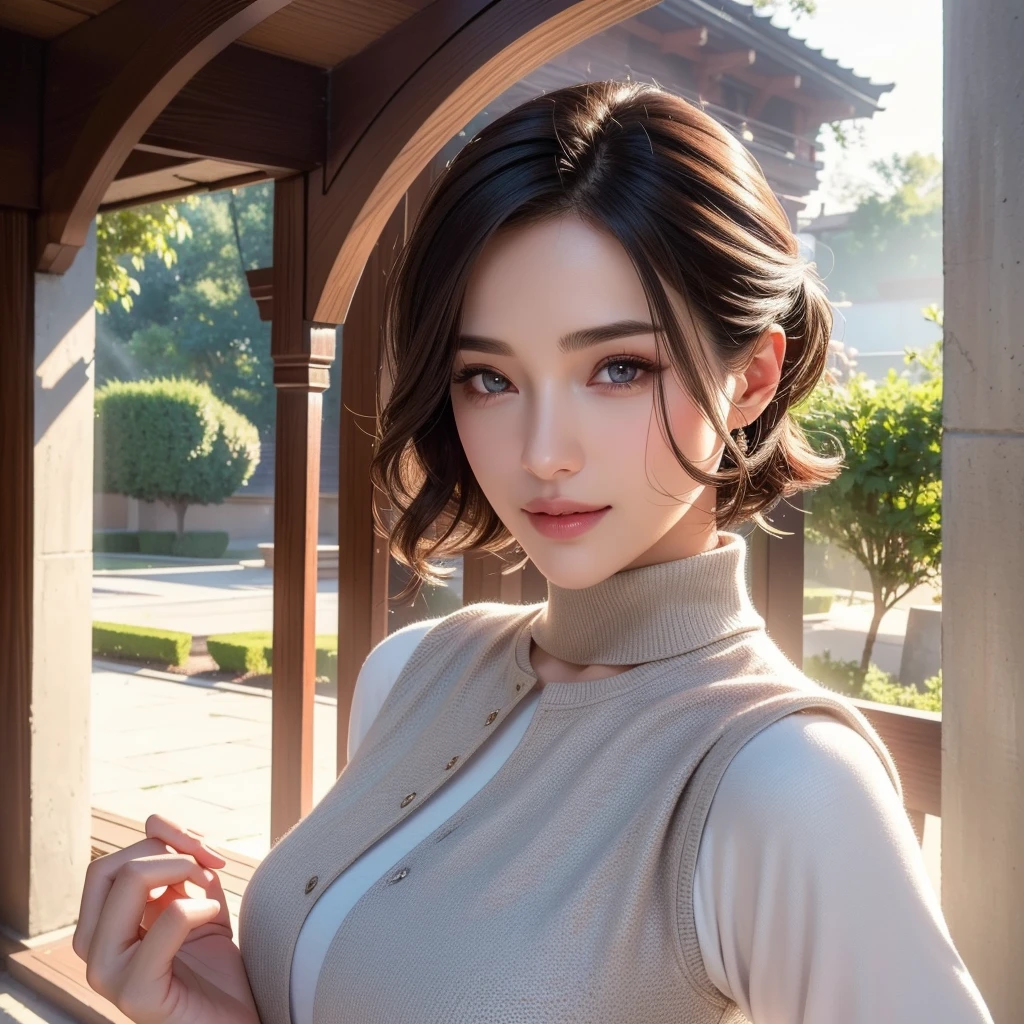 A beautiful young woman, short hair, (1girl), casual outfit, detailed face, alluring eyes, full lips, large bust, turtle neck t-shirt, gray vest, outdoor setting, selfie shot, soft lighting, warm colors, (best quality,4k,8k,highres,masterpiece:1.2),ultra-detailed,(realistic,photorealistic,photo-realistic:1.37),cinematic, beautiful detailed eyes, beautiful detailed lips, extremely detailed face and eyes, long eyelashes, intricate clothing textures, elegant posing, warm smile, romantic atmosphere