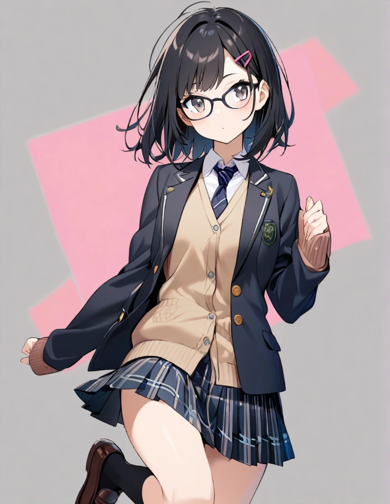 1 girl, black hair, hair clip, glasses, school uniform, open blazer, cardigan, sleeves past wrists, necktie, skirt, socks, shoes, looking at viewers, cowboy shot